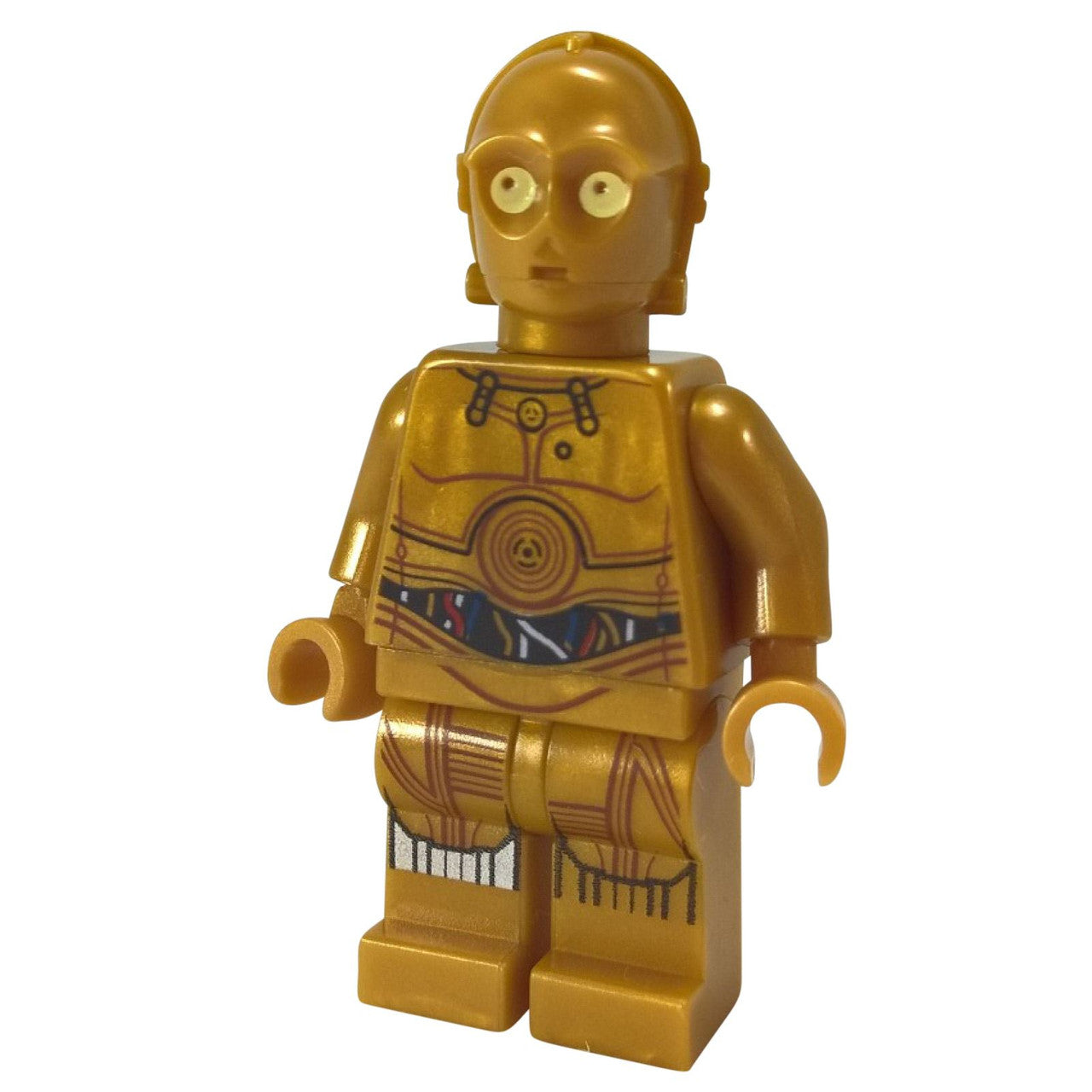 LEGO® C-3PO Minifigure in metallic gold with detailed wiring and mechanical printing on the torso and legs from the Star Wars droid collection.