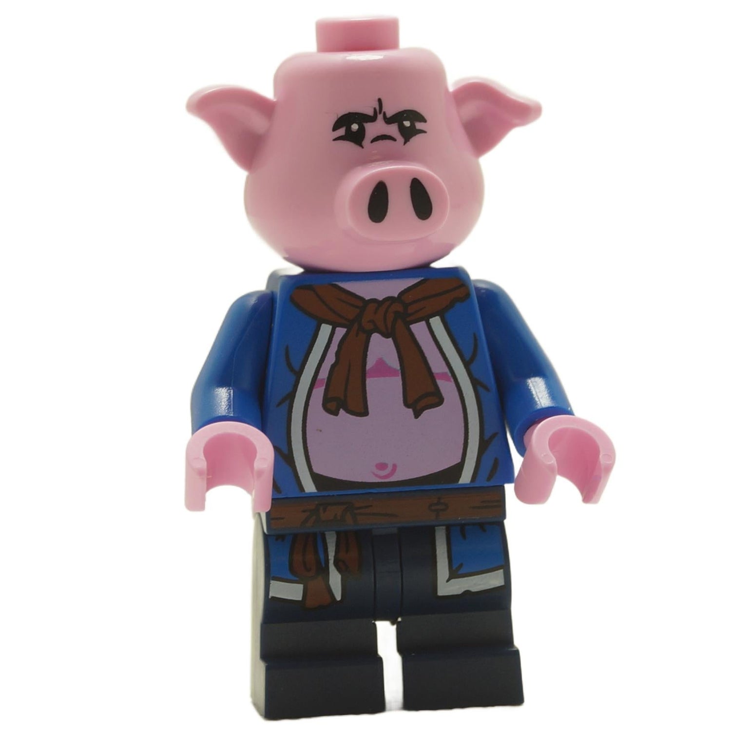 LEGO® Pigsy minifigure from the Monkie Kid theme, featuring a blue open robe, dark blue medium legs, and detailed printing, capturing his playful and adventurous spirit.