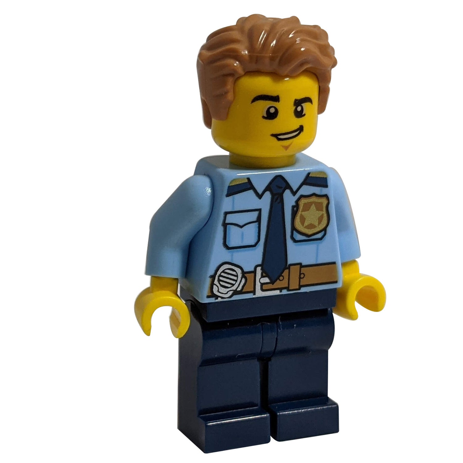 Young and dynamic looking LEGO Police officer in police uniform. with badge