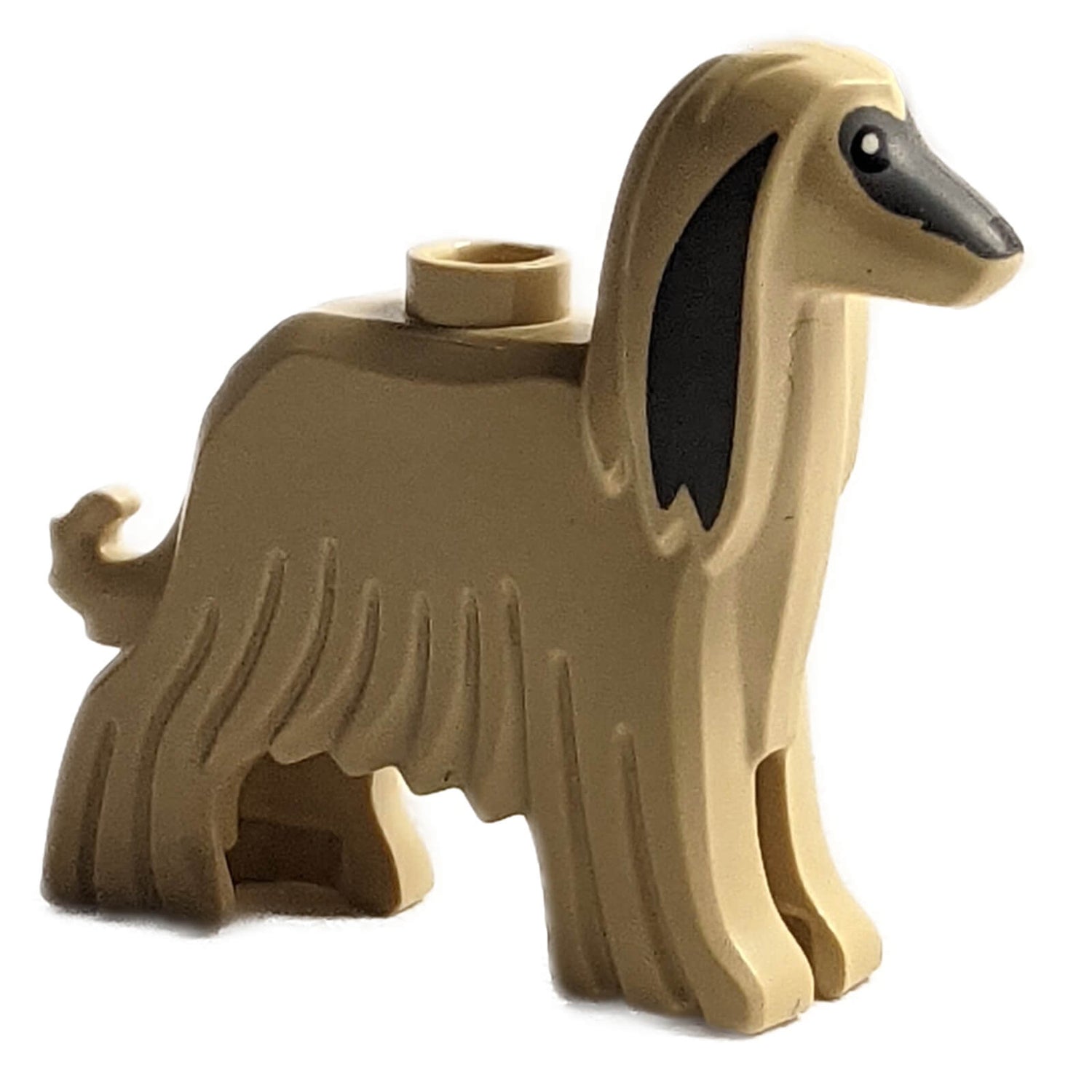 LEGO Afghan Hound Dog in Tan with Black Ears and Eyes, featuring detailed fur texture and a single stud on its back for minifigure compatibility.