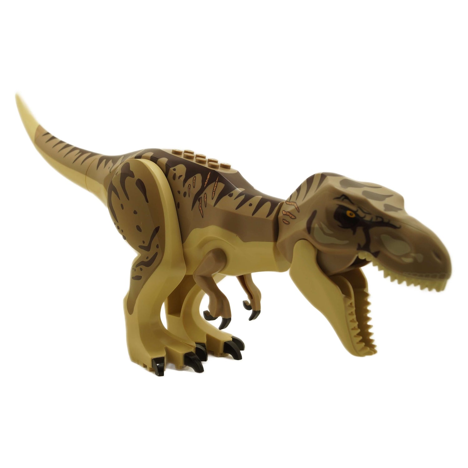 LEGO® T-Rex in brown, growling with an open mouth, showcasing sharp teeth and detailed texture on its body