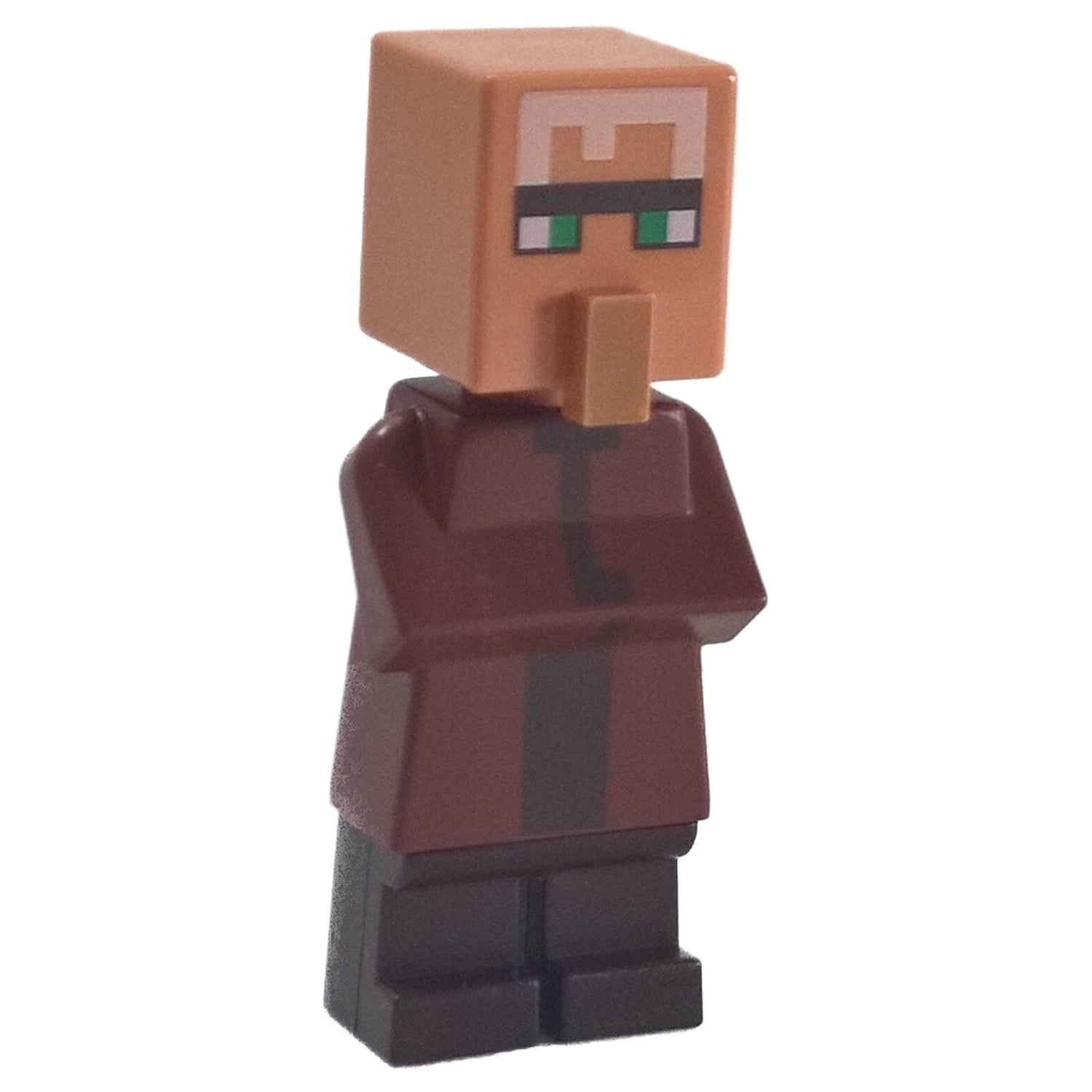 LEGO® Minecraft™ standard villager minifigure with reddish-brown top and green eyes, featuring classic blocky design.