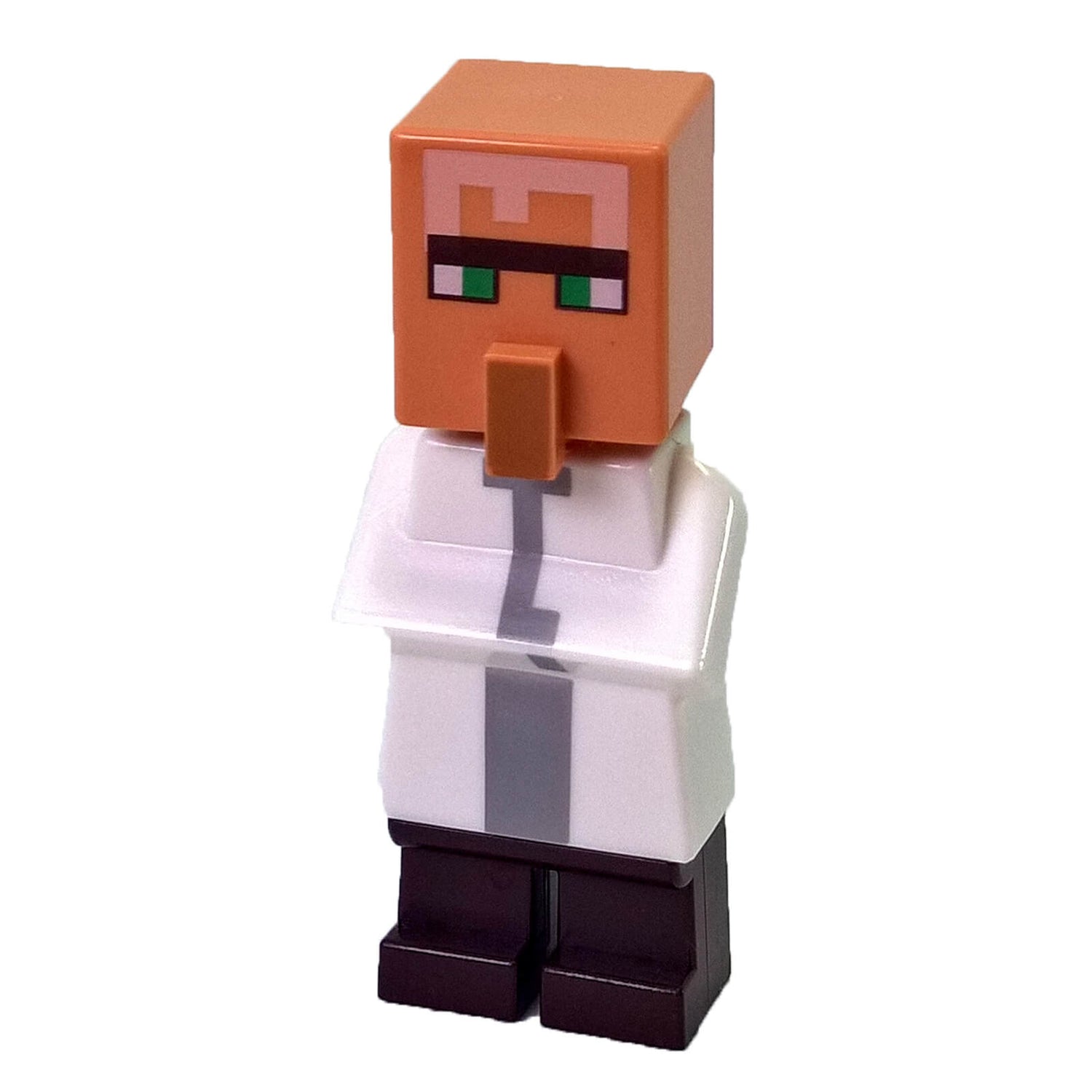 LEGO® Minecraft Villager Librarian Minifigure – white-robed librarian with a brown unibrow, green eyes, and a large nose, standing against a plain background.