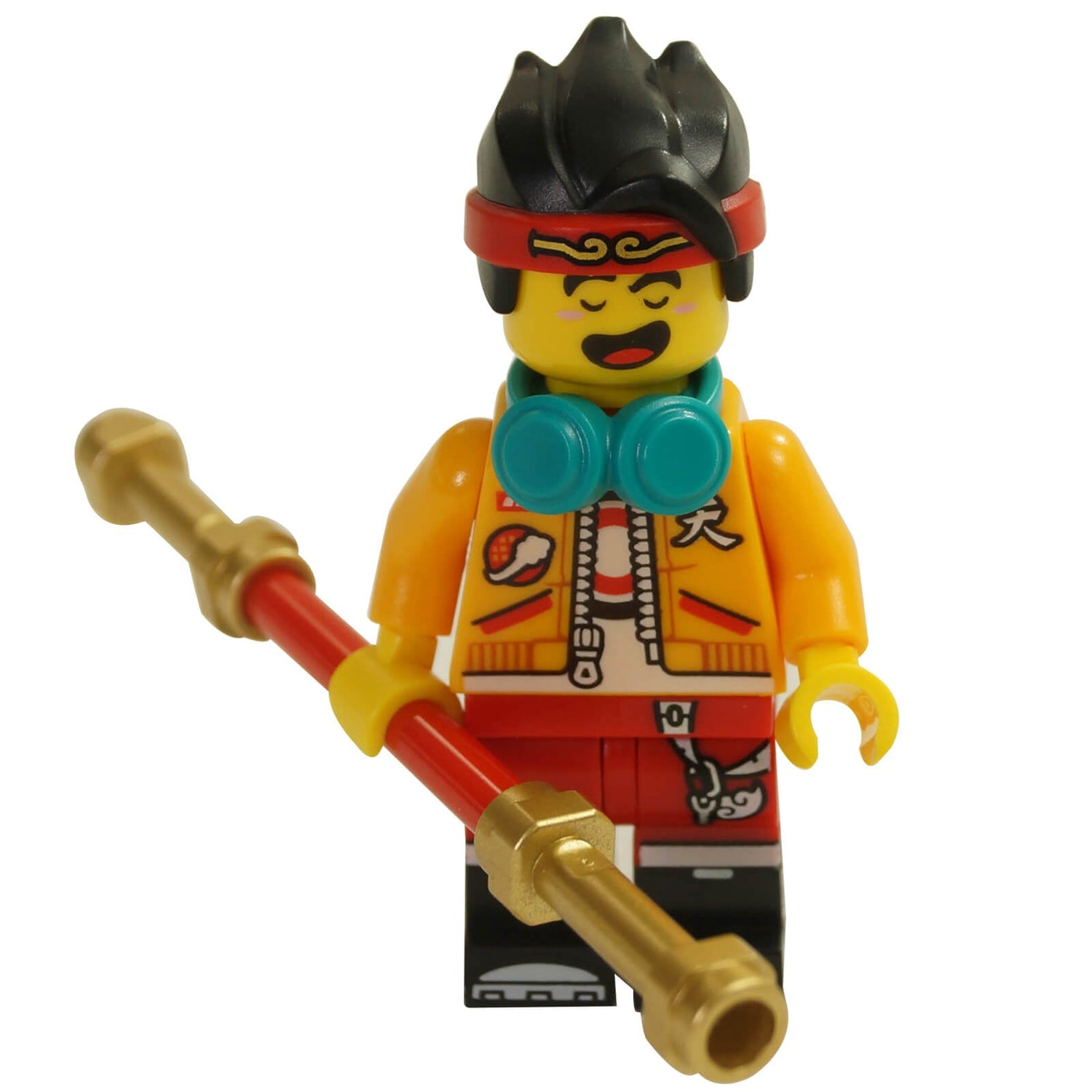 LEGO® Monkie Kid minifigure holding a golden staff, featuring a red headband, orange jacket with printed details, teal headphones, and an expressive face from the Monkie Kid theme.