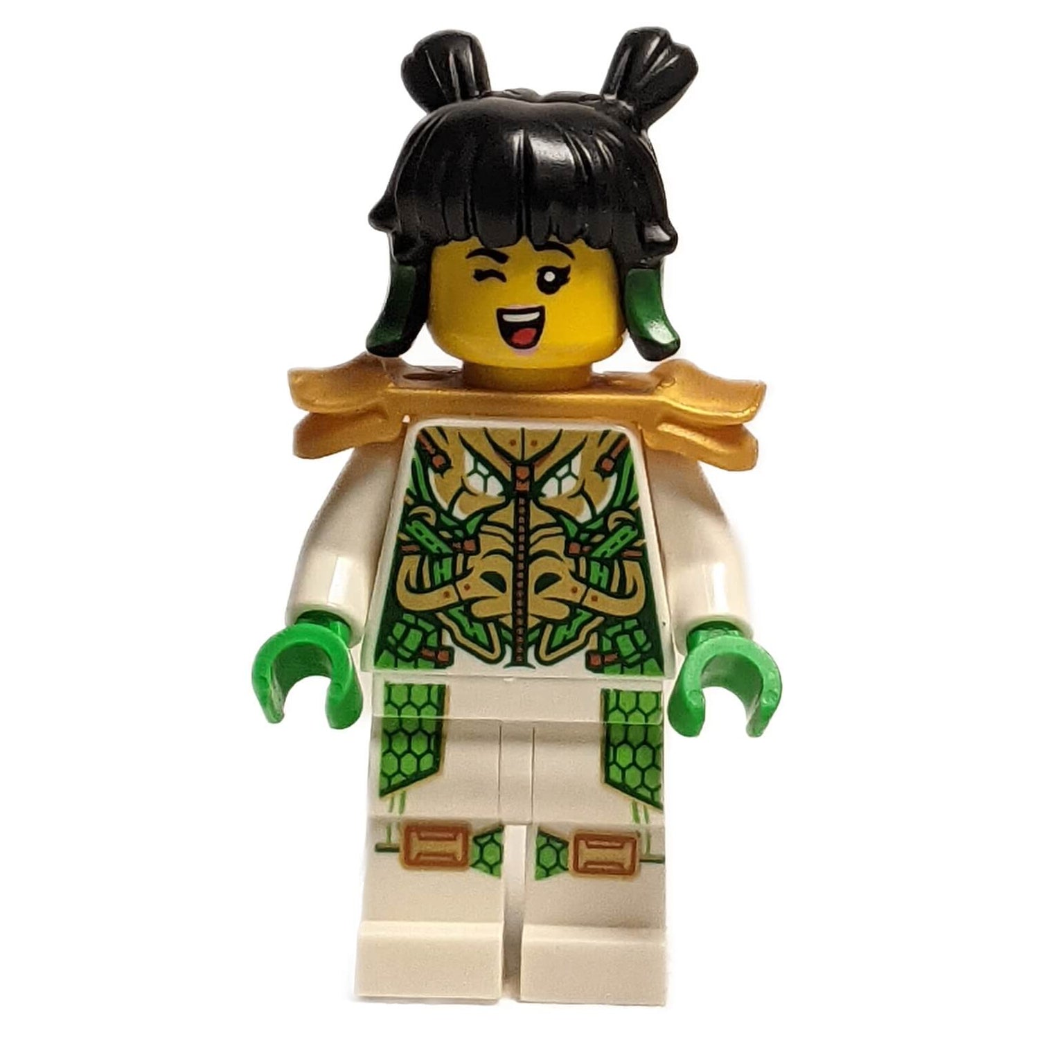 LEGO® Minifigure Mei from the Monkie Kid theme, featuring a white and green outfit with dragon-scale patterns, gold shoulder armor, and a winking expression.