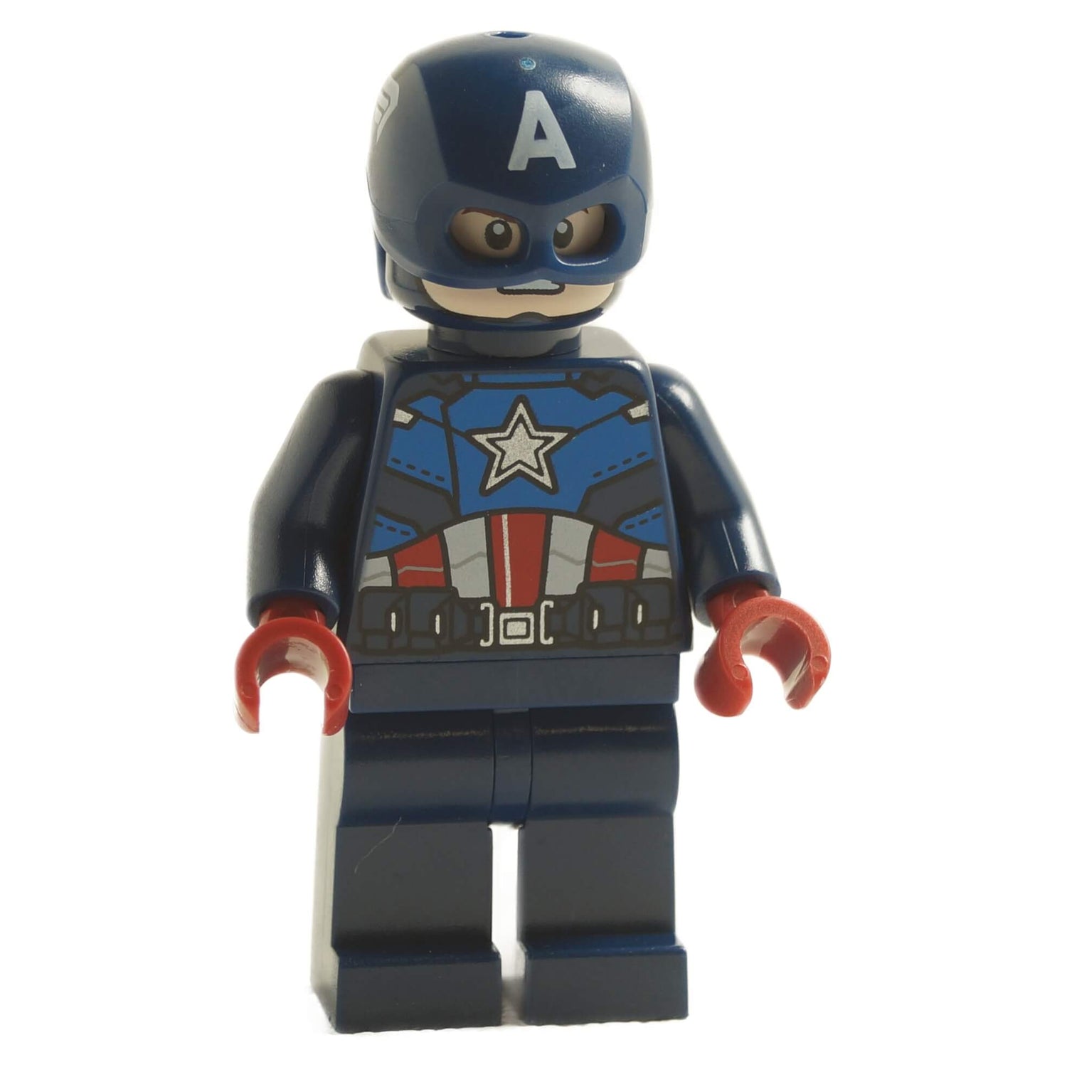 LEGO® Captain America Minifigure – Dark Blue Suit with Reddish-Brown Hands and Helmet