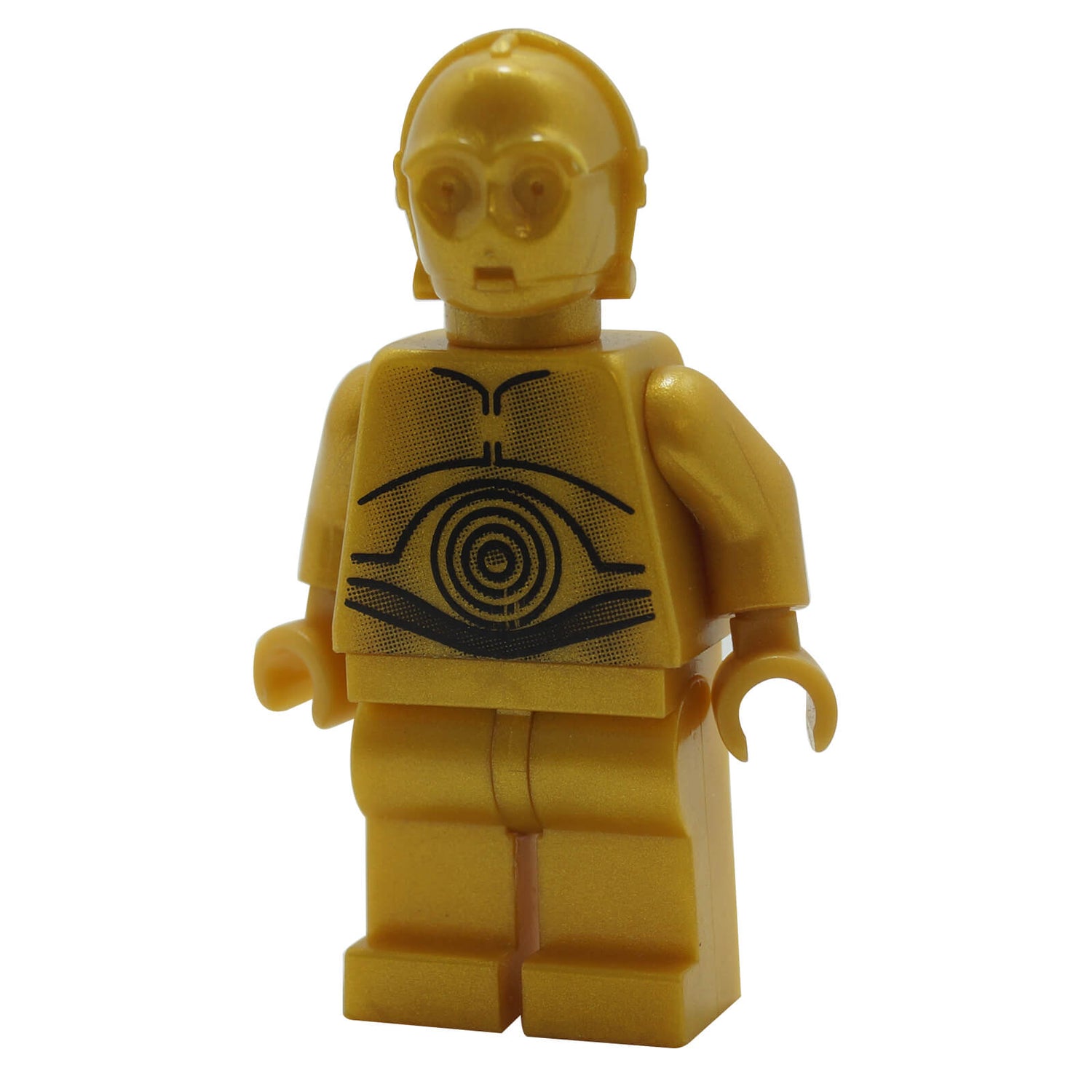 LEGO® C-3PO Minifigure in metallic gold with detailed torso printing, featuring circular wiring design from the Star Wars droid collection.