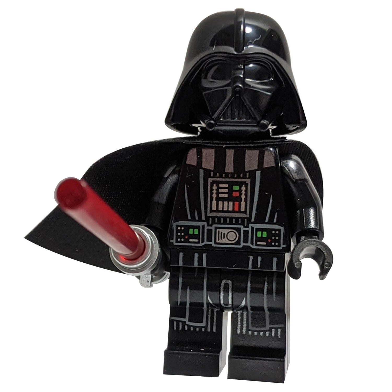 LEGO® Star Wars Darth Vader Minifigure holding a red lightsaber, featuring detailed torso printing, black cape, and iconic helmet.