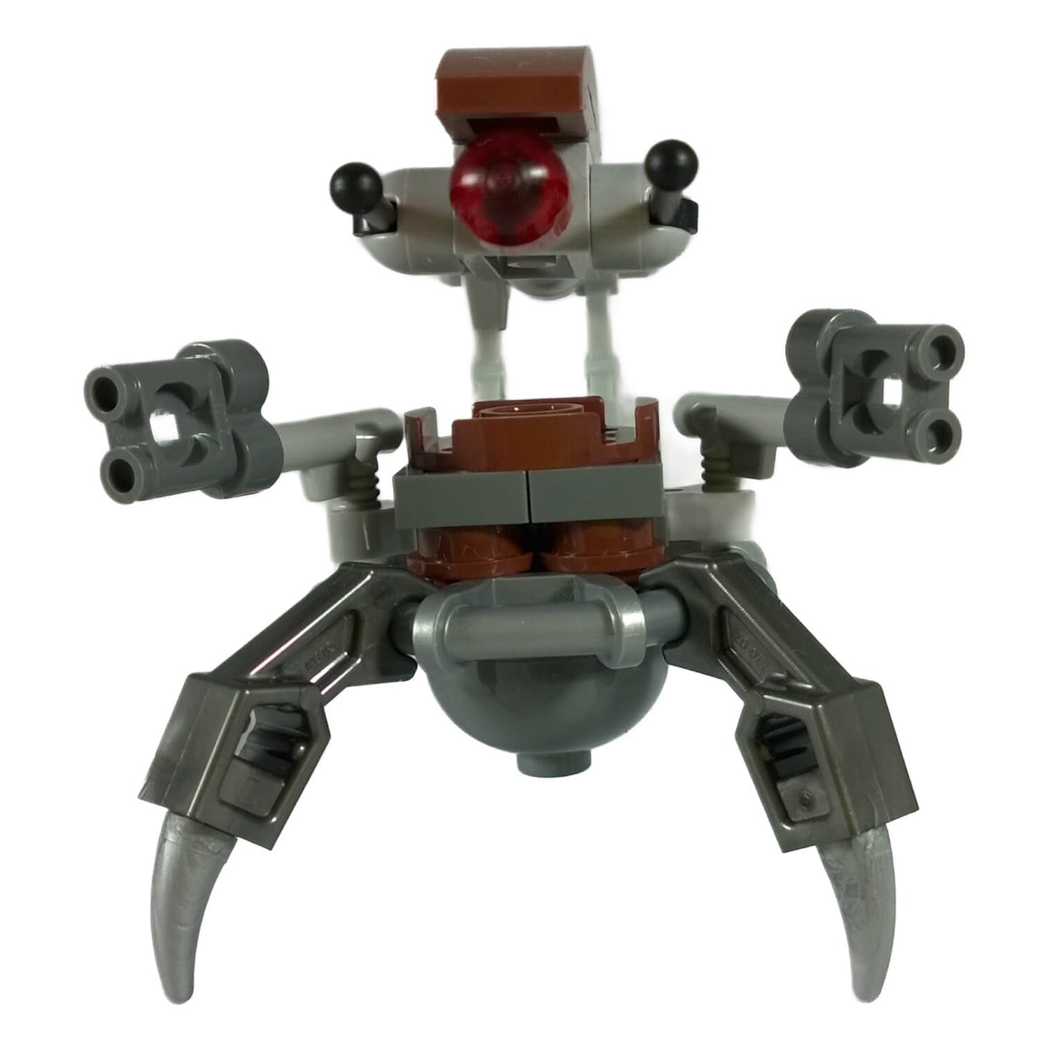 LEGO® Star Wars Dwarf Spider Droid in gray and brown, featuring articulated legs, twin blasters, and a red sensor eye from the droid collection.