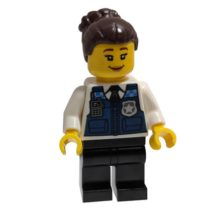 Police - Officer Gracie Goodhart, Dark Blue Vest, Black Pants, Orange Goggles, and Dark Brown Hair w