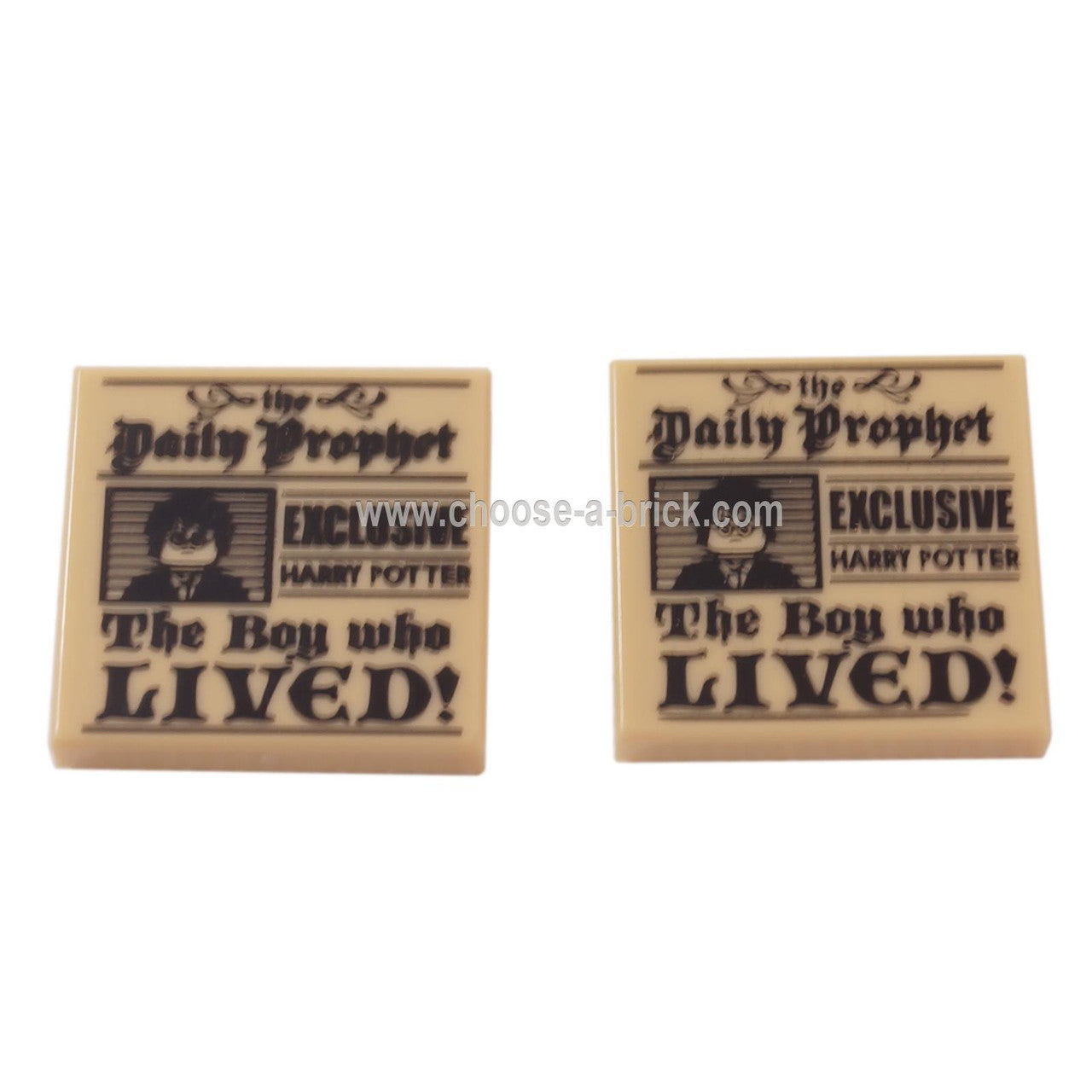 LEGO Parts - Tan Tile 2 x 2 with 'the Daily Prophet - EXCLUSIVE HARRY POTTER - The Boy who LIVED!' and Image of Boy with Glasses Pattern Add Image 