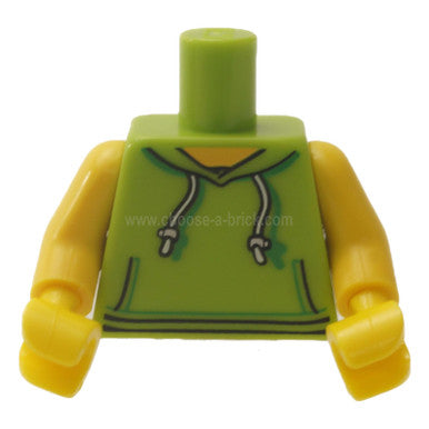 Lime Torso Hoodie mit weißen Kordeln, silbernen Verstellern und Kängurutaschenmuster - gelbe Arme - gelbe Hände 