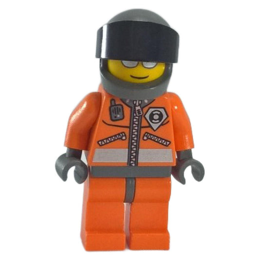 LEGO Minifigure Coast Guard World City - Orange Jacket with Zipper, Silver Sunglasses, Dark Gray Helmet - wc013 (front view with helmet)