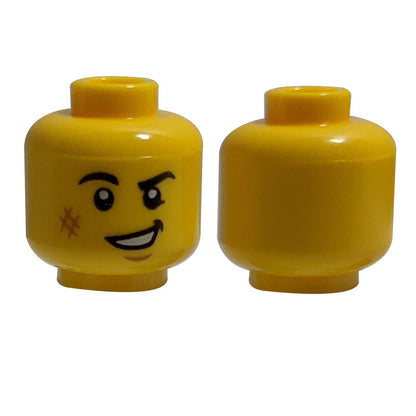 Minifigure, Head Black Eyebrows, White Pupils, Cheek Scuff, Lopsided Grin Pattern - Hollow Stud