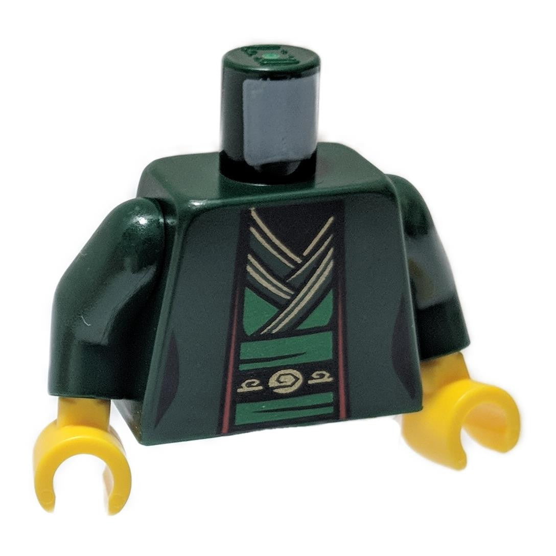 Dunkelgrüner Torso Ninjago Damenrobe über hellgrüner Tunika mit Schärpe und schwarz-goldenem Muster - dunkelgrüne Arme - gelbe Hände