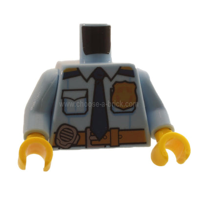 Bright Light Blue Torso Police Shirt with Gold Badge, Dark Blue Tie, Dark Tan Belt and 'POLICE' and Radio on Back Pattern - Bright Light Blue Arms - Yellow Hands