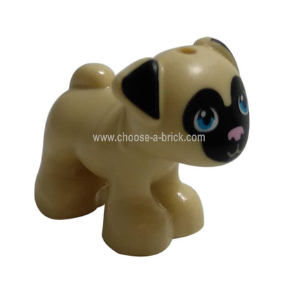 Tan Dog Pug with Black Face and Ears, Bright Pink Nose, and Dark Azure Eyes Pattern- LEGO Minifigure Animals