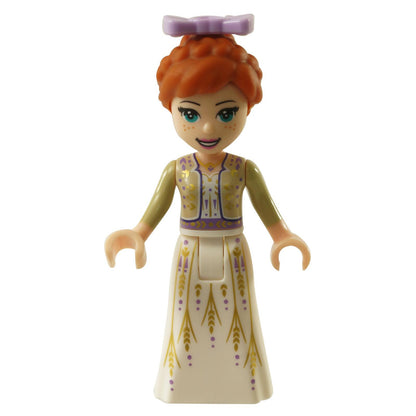 LEGO Minifigure Anna - White Dress, Tan Shrug, Bow - Full Body View.