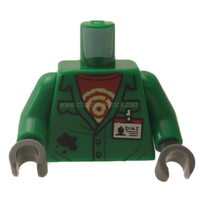 Green Torso Coveralls with Pockets, Red Undershirt with Circles, Silver 'DIAZ' ID Badge, Black Splotch Pattern - Green Arms - Dark Bluish Gray Hands