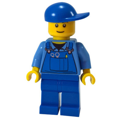 Overalls mit Werkzeugen in der Tasche Blau, Blaue kurze Schirmmütze, Dünnes Grinsen 