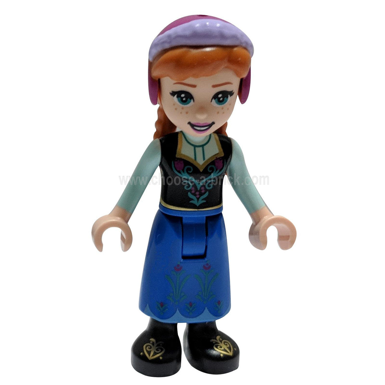 LEGO Minifigure Anna - Blue Skirt, Black Boots, and Black Top, Light Aqua Sleeves without Cape - Front View.