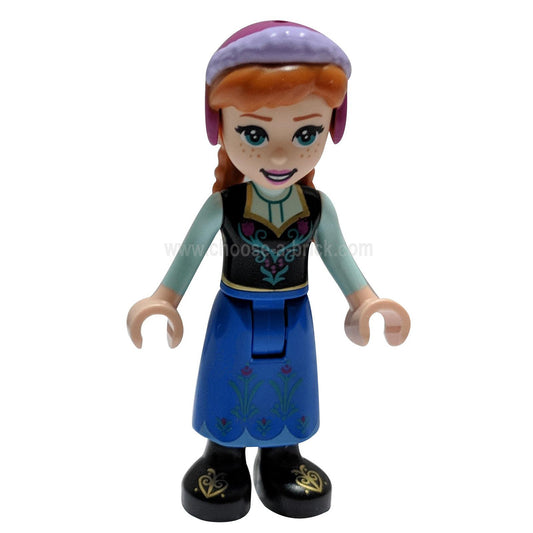 LEGO Minifigure Anna - Blue Skirt, Black Boots, and Black Top, Light Aqua Sleeves without Cape - Front View.