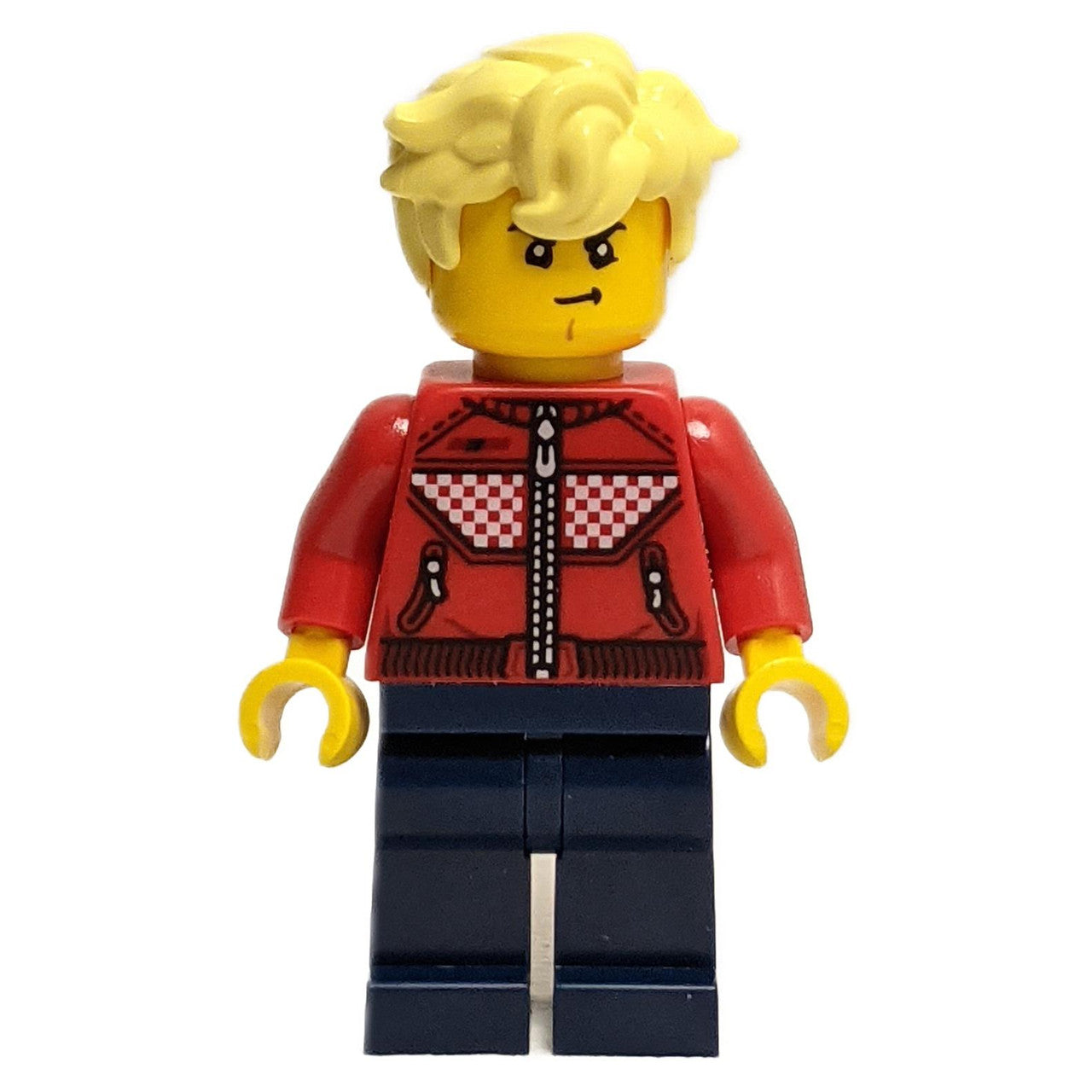 LEGO Minifigure Cooper in red racing driver jacket with dark blue legs, classic race design - drm008new