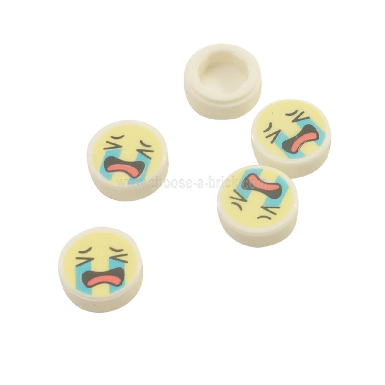 White Tile, Round 1 x 1 with Emoji, Bright Light Yellow Face, Crying Medium Azure Tear Streams, Open Mouth with Coral Tongue Pattern