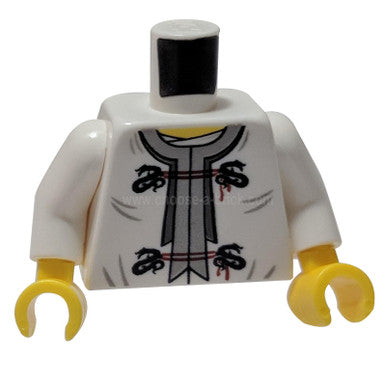 Weißer Torso Ninjago Drache mit Klips und roten Bändern vorne und Drachenrückenmuster - Weiße Arme - Gelbe Hände