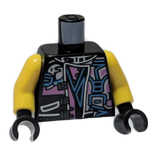 Schwarze Torso-Bikerweste mit Dunkelrosa - Mittelblau Ninjago-Charaktere, Sons of Garmadon-Logo und Ninjago 'SOG' auf dem Rücken-Muster - Gelbe Arme - Schwarze Hände 