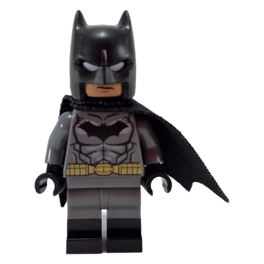 LEGO Minifigure Batman in a dark bluish gray suit with gold belt, black hands, and cape - sh0204