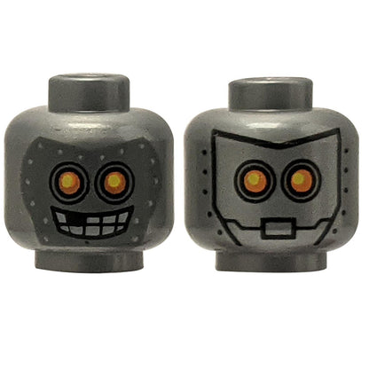 LEGO Part Alien Robot with Yellow Eyes, Mask with Metal Bolts Pattern - Hollow Stud - Front View.