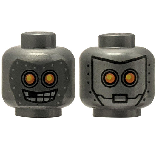 LEGO Part Alien Robot with Yellow Eyes, Mask with Metal Bolts Pattern - Hollow Stud - Front View.