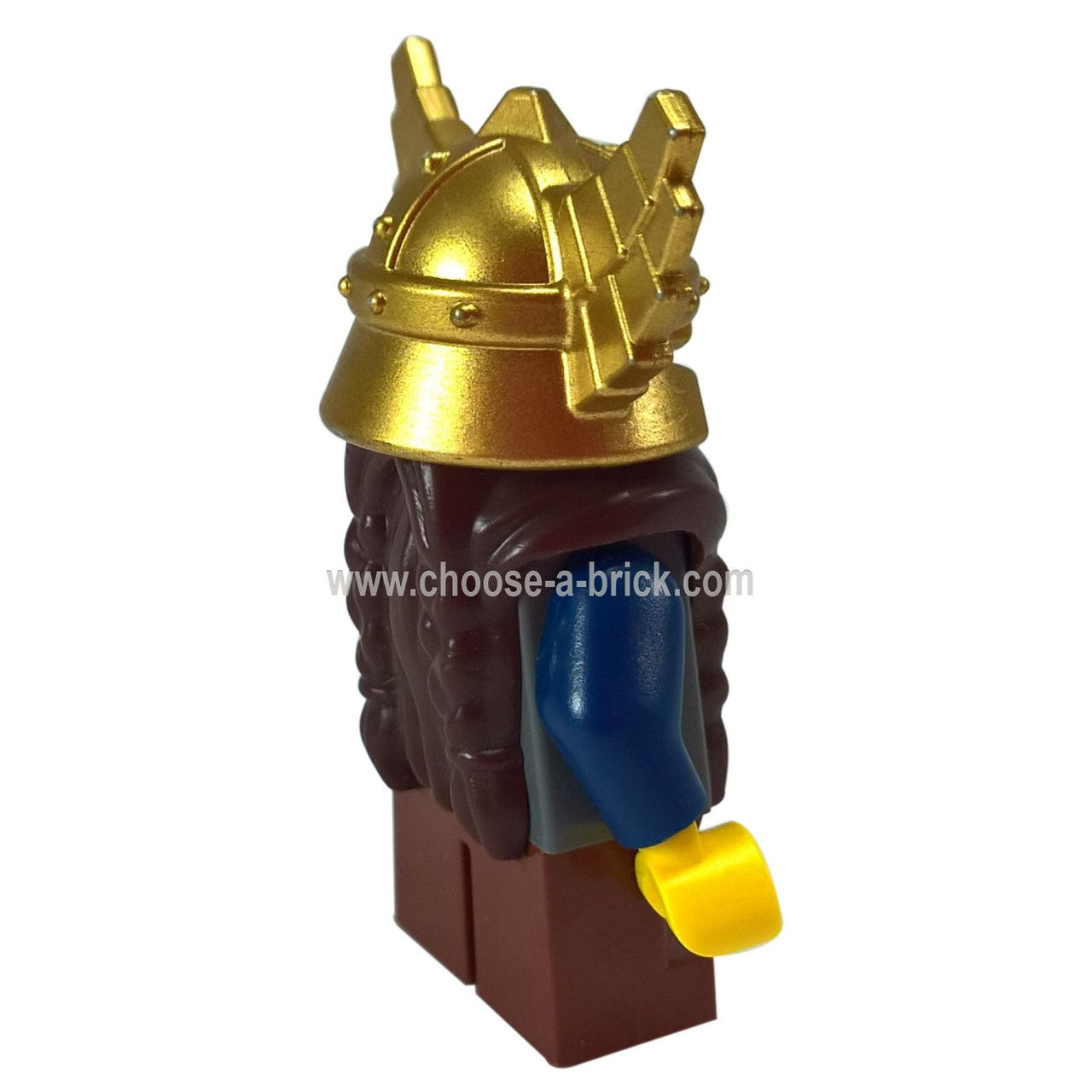 LEGO Minifigure Fantasy Era - Dwarf, Dark Brown Beard, Metallic Gold Helmet with Wings, Dark Blue Arms - cas405, alternate perspective.