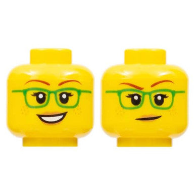 Minifigur, Kopf Dual Sided Weibliche Grüne Brille, Lächeln / Geschlossener Mund Muster - Hohler Stud 