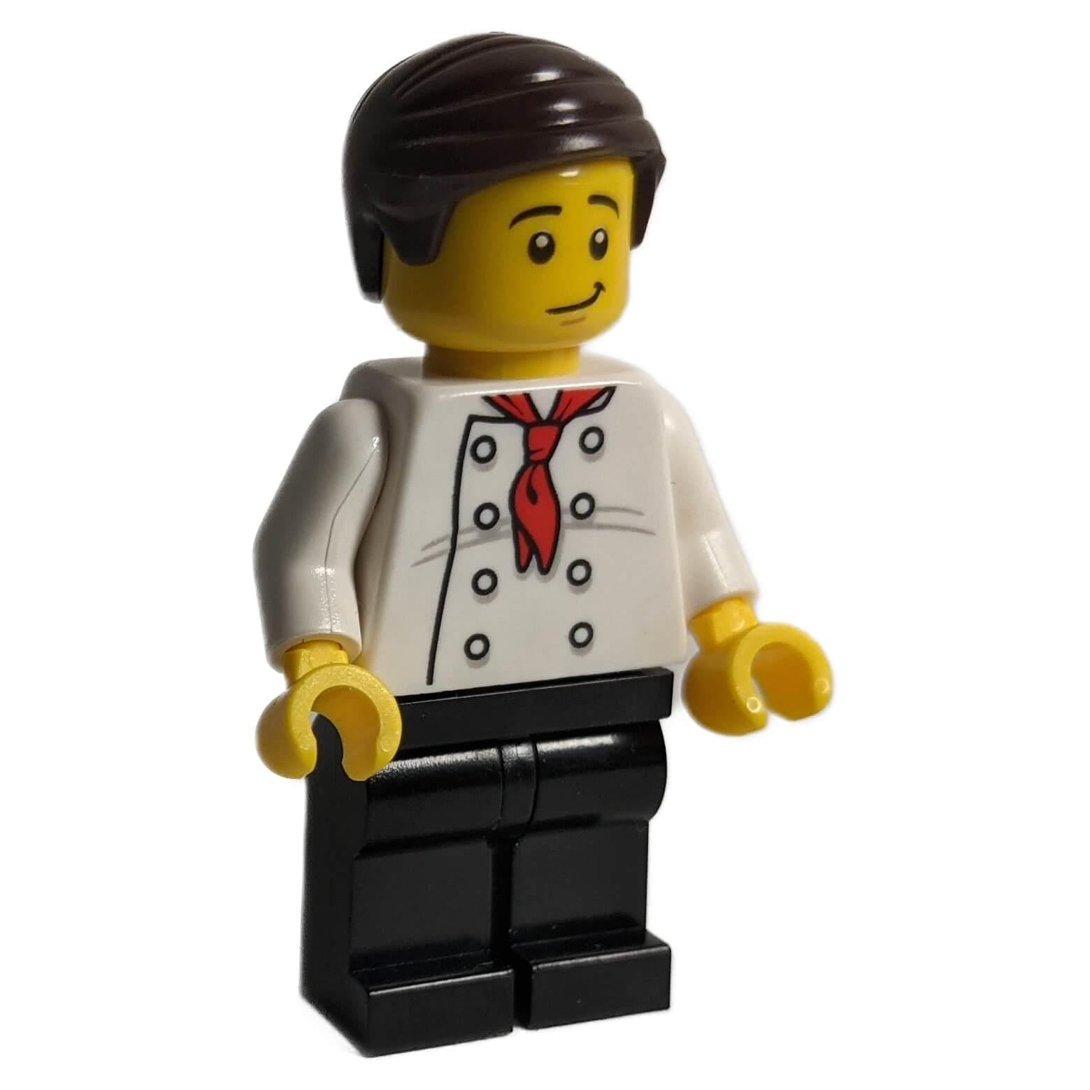 LEGO® City Chef Minifigure (cty0964) – White Uniform, Red Neckerchief, Black Legs, and Dark Brown Hair