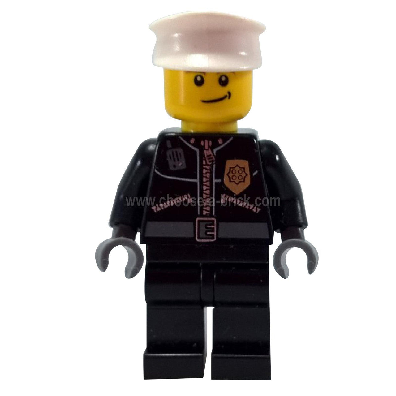 Police - City Leather Jacket with Gold Badge and 'POLICE' on Back White Hat Lopsided Smile