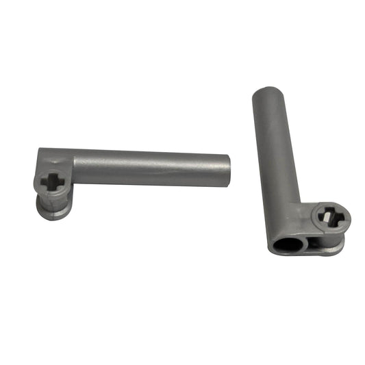 LEGO piece 53586, a perpendicular axle and pin connector with extension in flat silver color