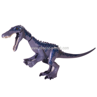 LEGO® Baryonyx figure from set 75935 with poseable jaw and limbs, featuring dark blue and metallic blue details.