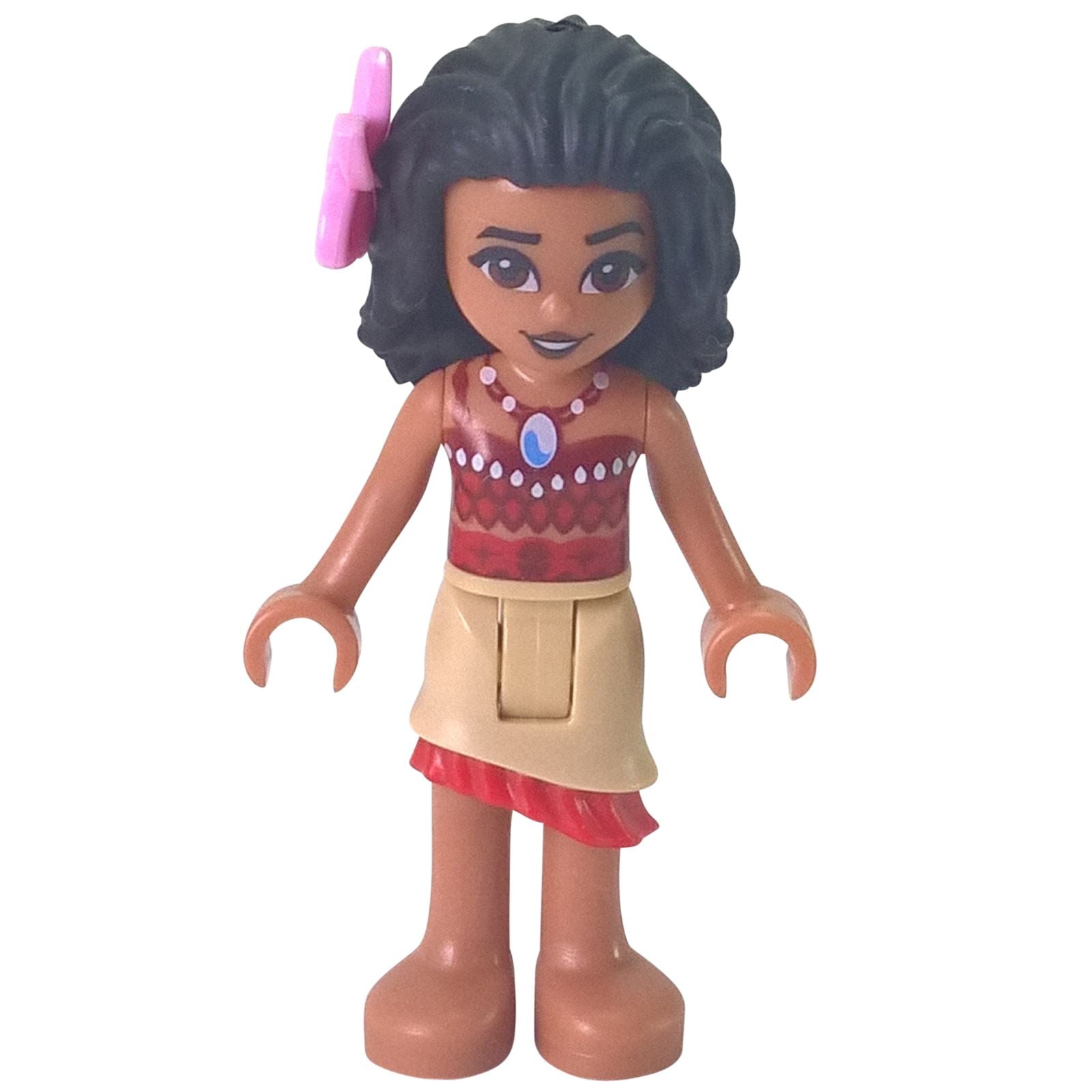 LEGO® Moana Mini Doll (moa002) with dark red top, tan layered skirt, black hair, and pink flower – from Moana’s Ocean Voyage (Set 41150).