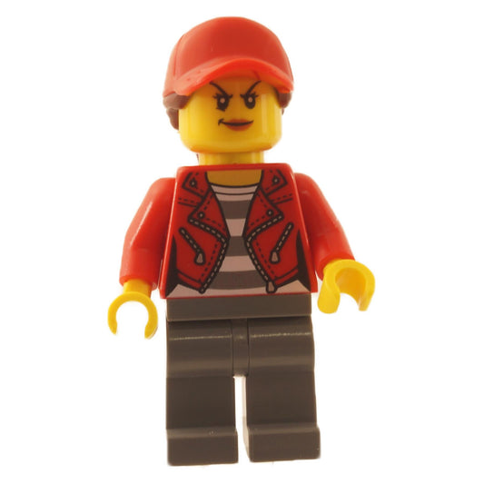 LEGO Minifigure City Bandit Crook, Red Jacket, Red Ball Cap with Reddish Brown Ponytail, Dark Bluish Gray Legs - cty1147new - front view