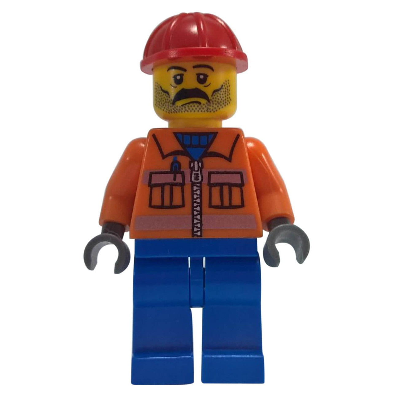 LEGO Minifigure Construction Worker with orange zipper jacket, orange legs, and red helmet - cty0052