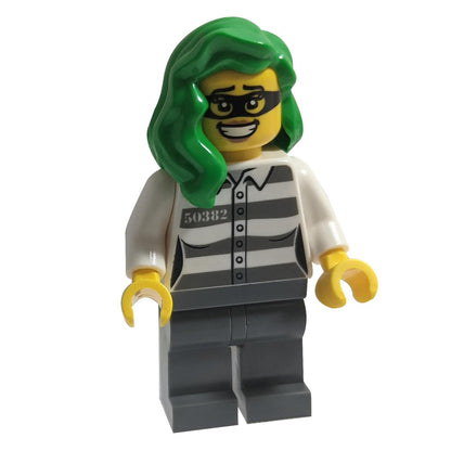 Police - Jail Prisoner 50382 Prison Stripes, Female, Dark Bluish Gray Legs, Frown with Black Mask, Green Hair