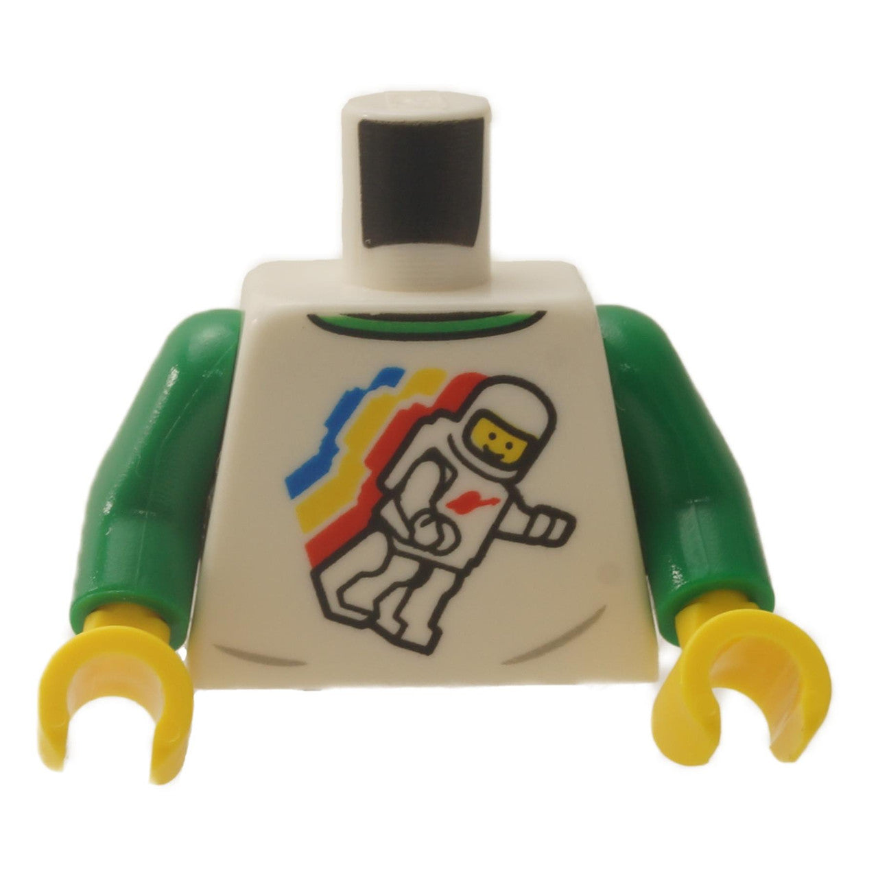 White Torso Classic Space Minifigure Floating with Light Bluish Gray Wrinkles and Back Print Pattern - Green Arms - Yellow Hands