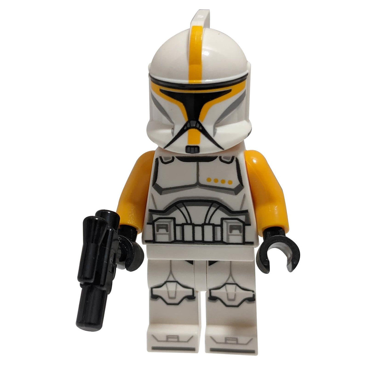 LEGO Minifigure Clone Trooper Commander (Bright Light Orange Markings) with weapon - sw1146wpnew (dynamic action view)