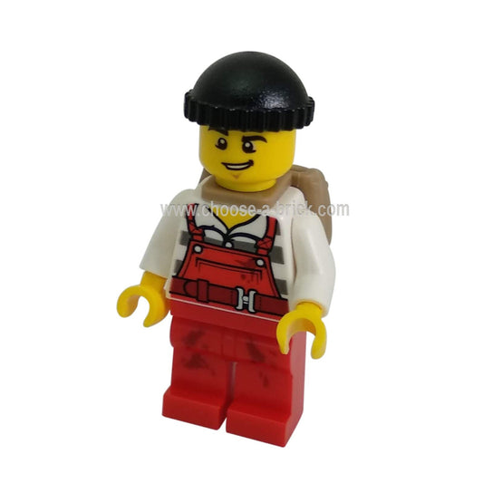 LEGO Minifigure City Bandit Male with Red Overalls, Black Knit Cap, Backpack, Lopsided Open Smile - cty746new - main image