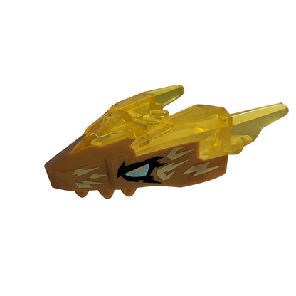 Trans-Yellow Dragon Head (Ninjago) Jaw Upper with Horns with Molded Pearl Gold Face, Metallic Blue Eyes, and Bright Light Yellow Electricity Pattern