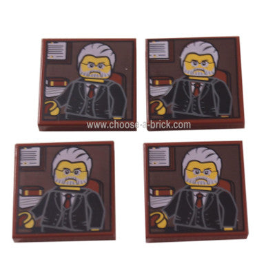 Rötlich-braune Fliese 2 x 2 mit Porträt eines männlichen Minifigs mit grauem Haar, Bart und schwarzem Anzugmuster 