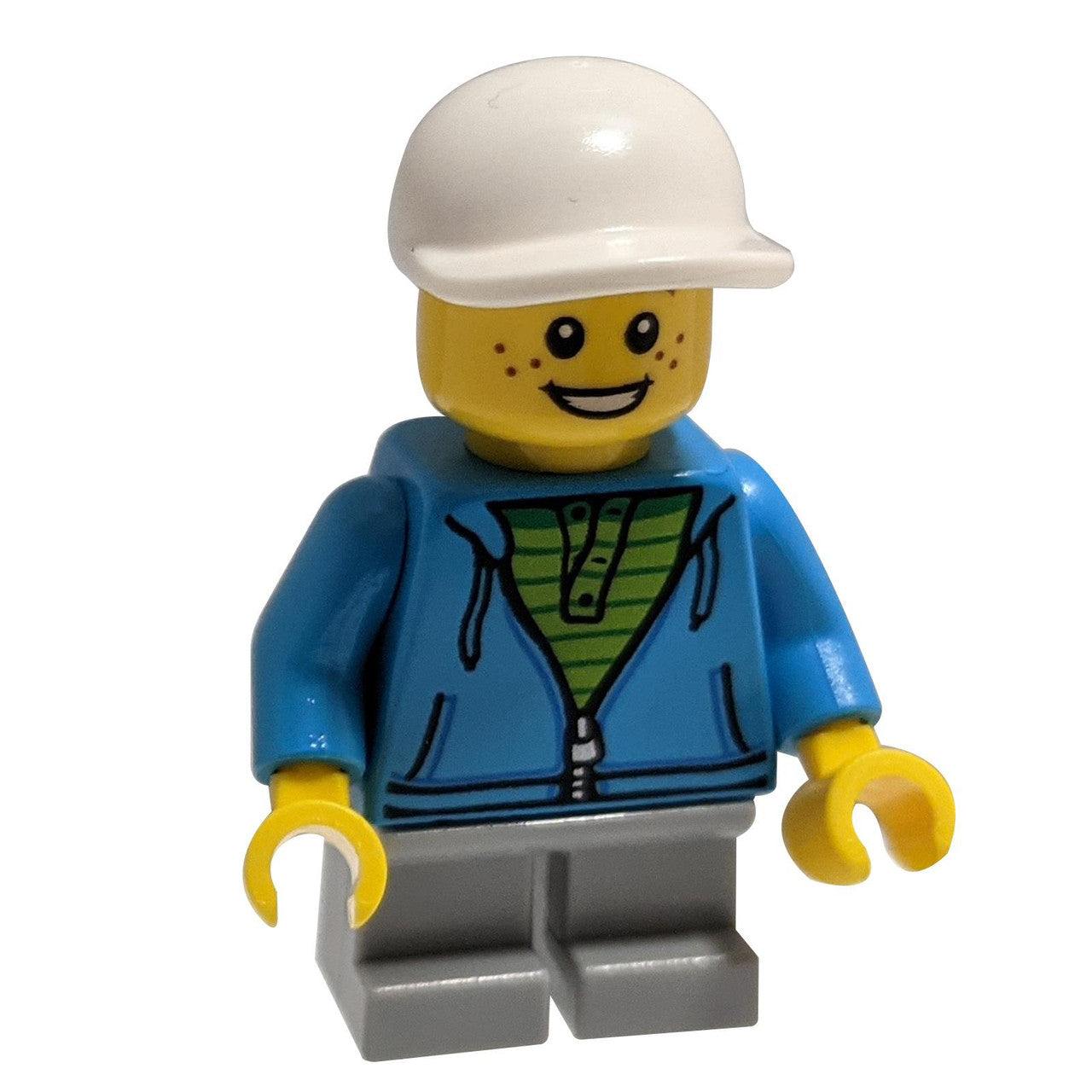 LEGO Minifigure Boy, White Cap, Dark Azure Hoodie, Lime Shirt - idea033new