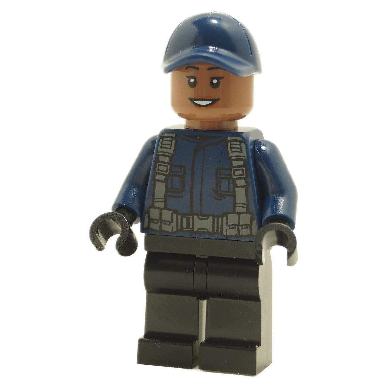 LEGO Minifigure ACU Guard / Driver - Female, Dark Blue Cap, Black Legs, Smile - First View.